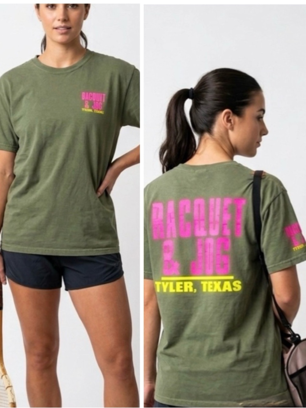 RACQUET & JOG Gildan 100% Cotton Short Sleeve Tee T-shirt Green Pink Yellow Top